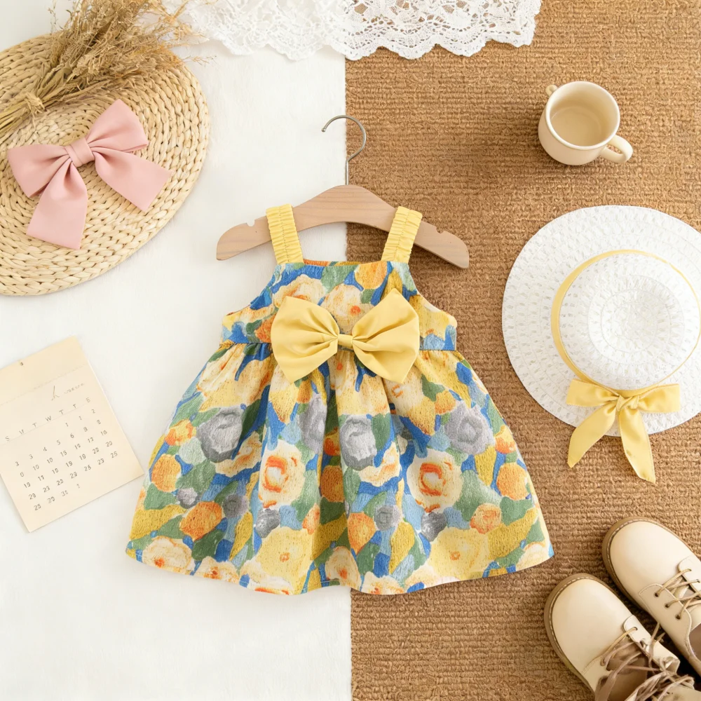 

Baby Girl Dress Summer Floral Bow Cotton Spaghetti Strap Girl Dress Cute Beach Baby Dress Baby Girl Clothes
