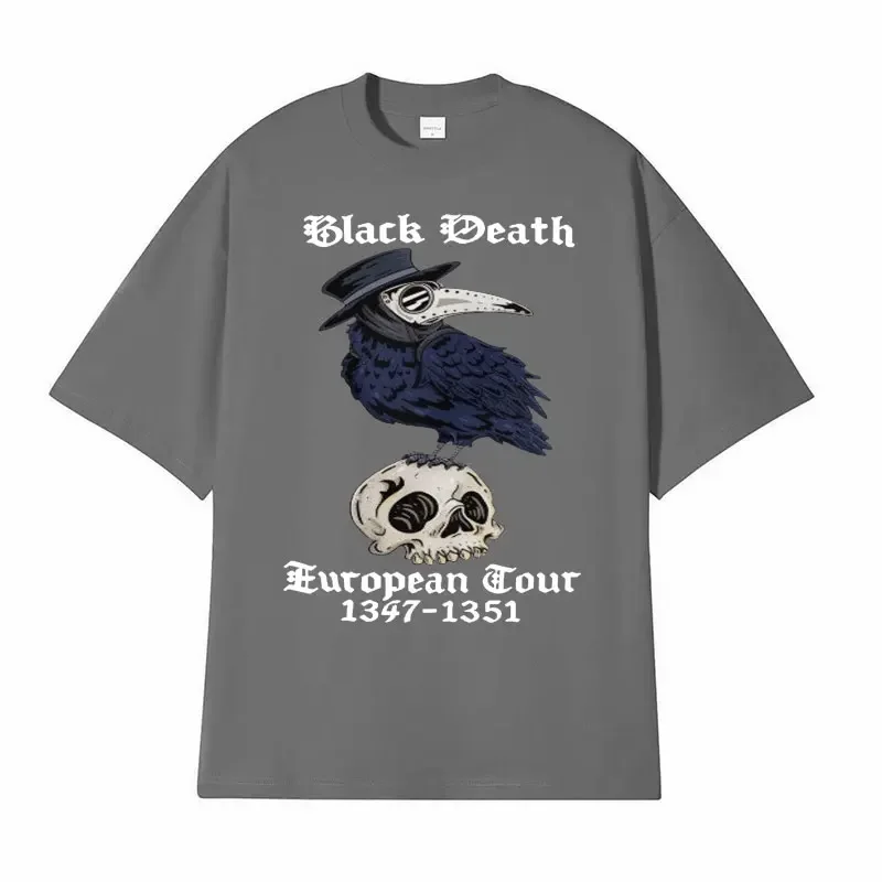 Join The Black Death European Tour with Our Raven Plague Doctor Crow Funny Meme TShirt for Men Harajuku Oversized Cotton T-shirt