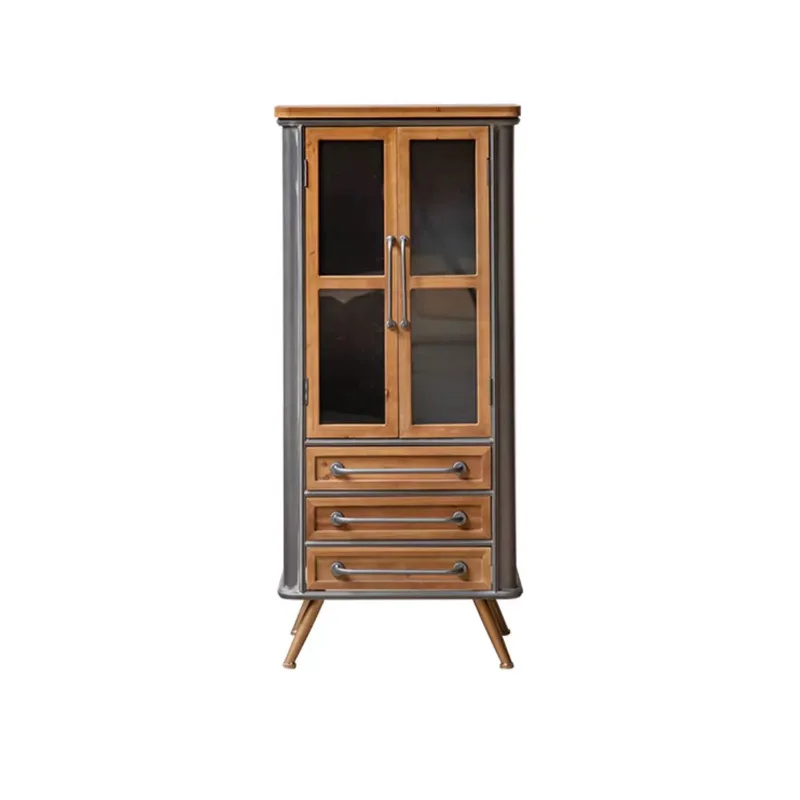 wood retro vertical cabinet double door living room figure display cabinet cafe locker wrought iron storage cabinet