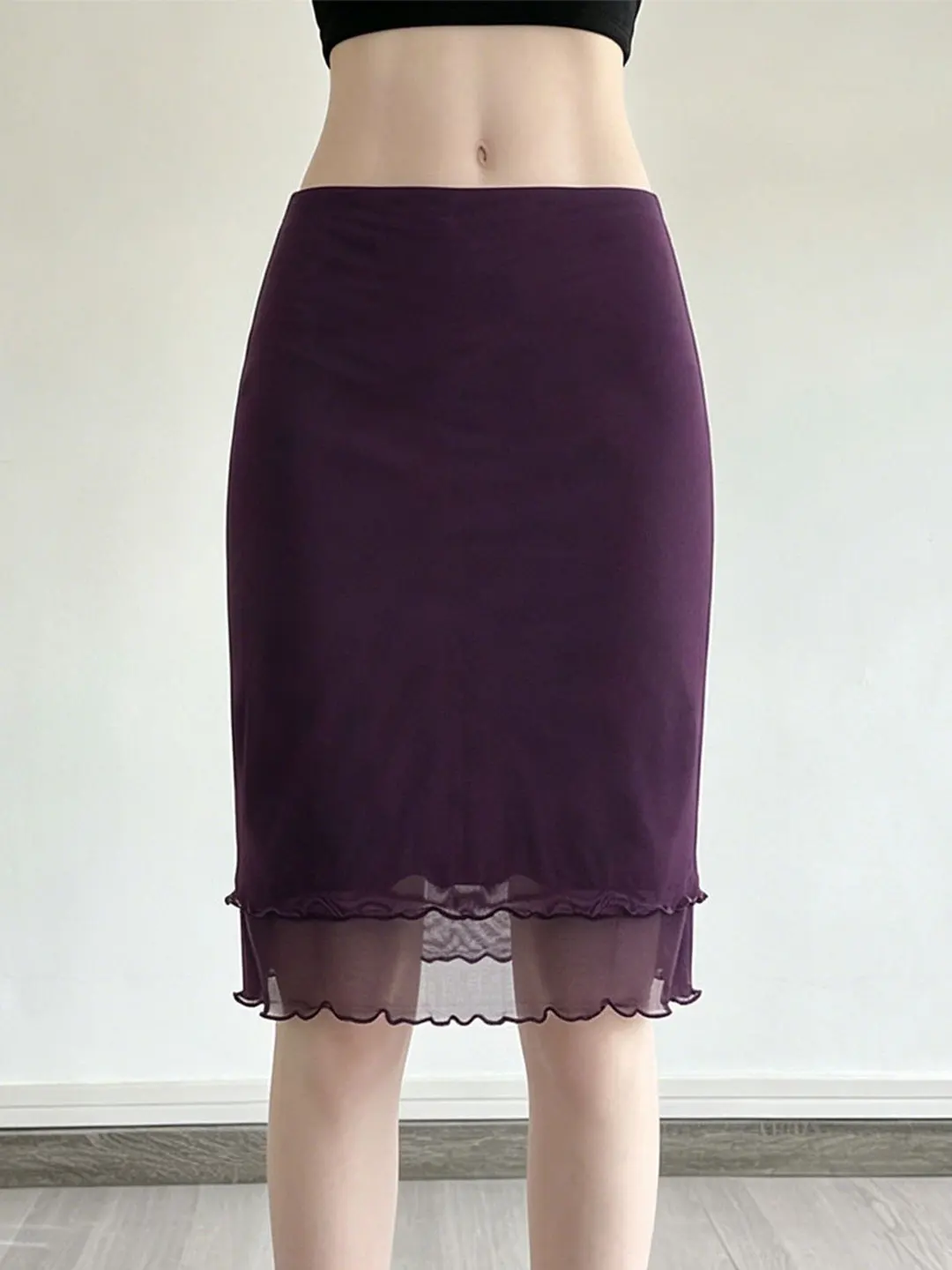 WEEKEEP Low-Waist Mesh Paneling Slim-Fit Half Skirt Sexy Purple Tone Resin Polyester Blend Summer 2026 Collection