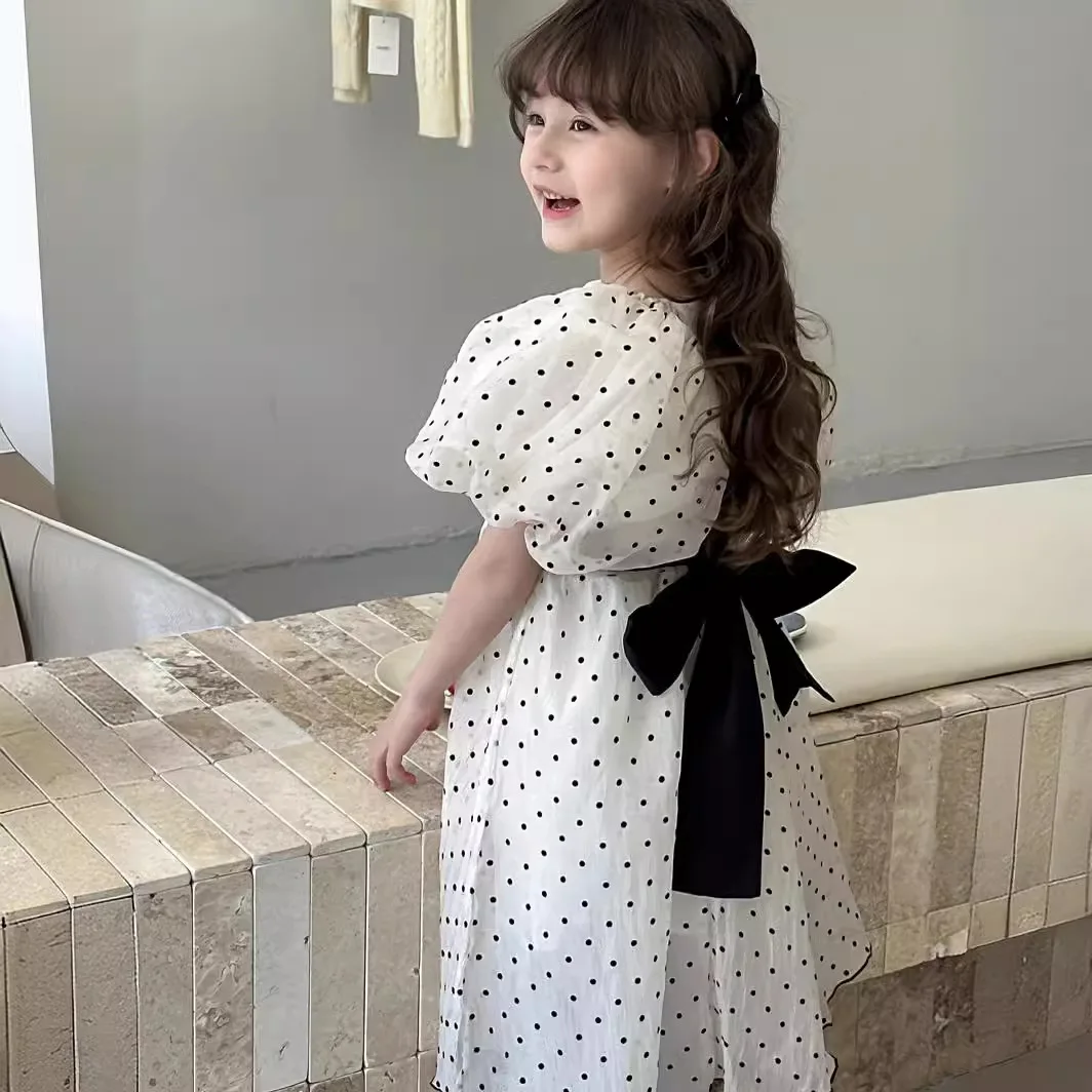 

2024 Girls' New Dress Children's Summer Korean Style Princess Dress Black Polka Dot Dress Clothes