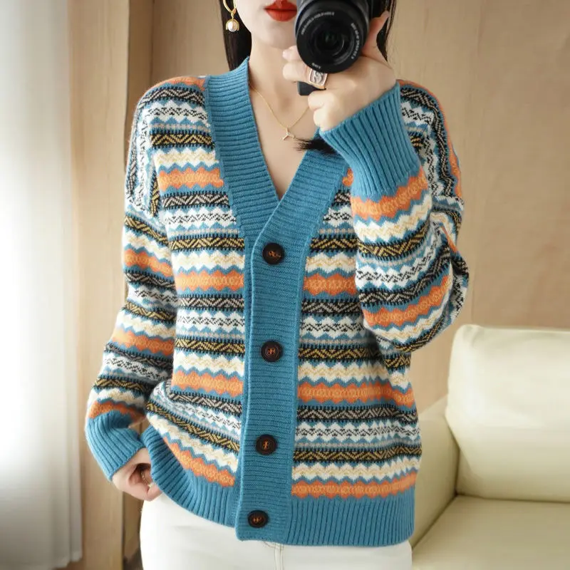 Women Autumn and Winter New Fashion Vintage V-Neck Knitwear Cardigan Color Striped Button Splicing Versatile Long Sleeves Coat