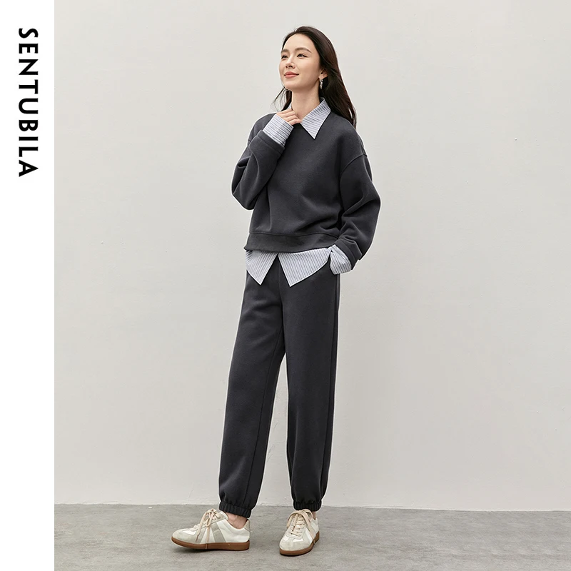 SENTUBILA Two Piece Sets Womens Outifits 2024 Winter Cotton Spliced Striped Sweatshirt Casual Full Pants New Match Set 144Z57308