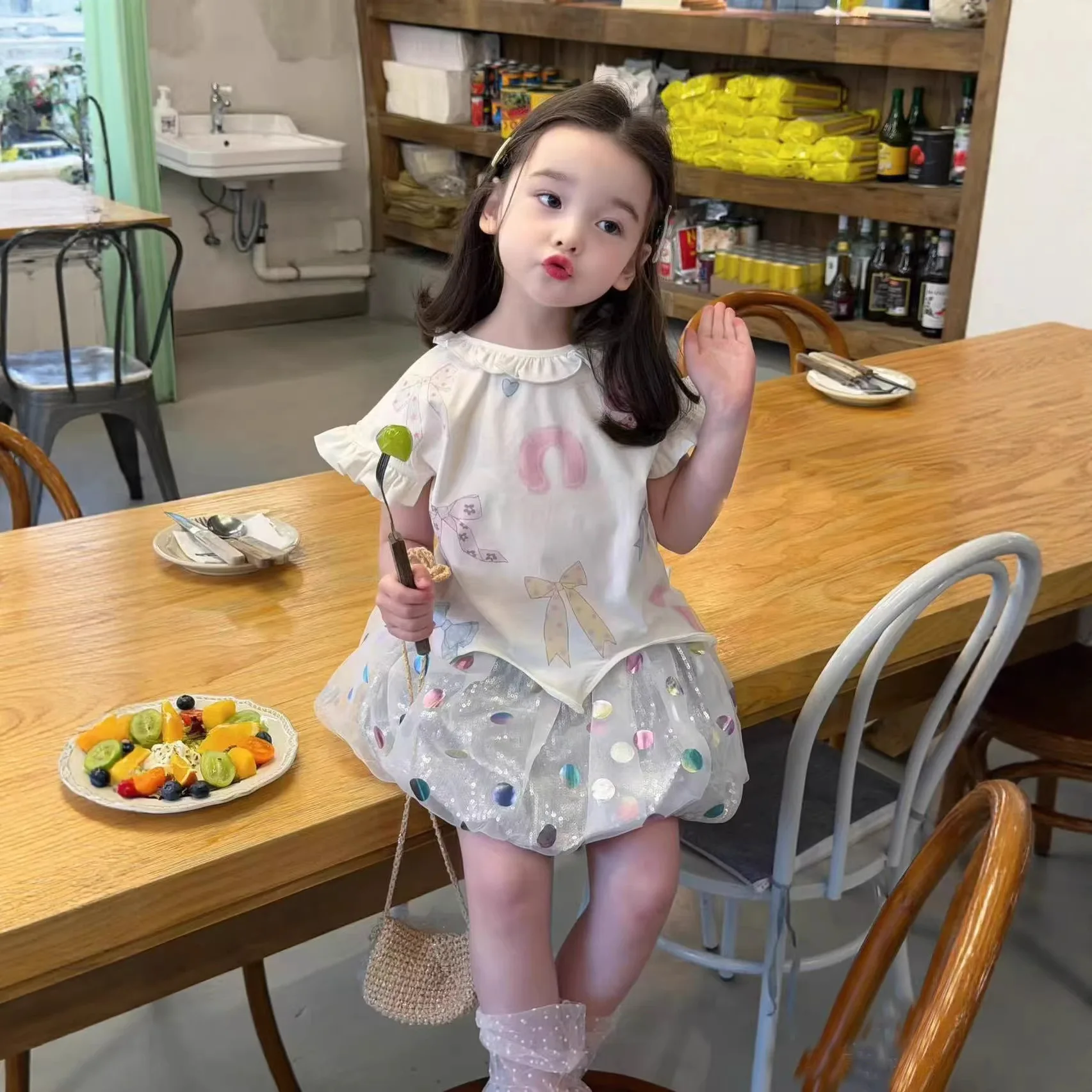 

Girls Summer 2026 New Cartoon Round Neck T-shirt Casual Skirt 2-piece Set