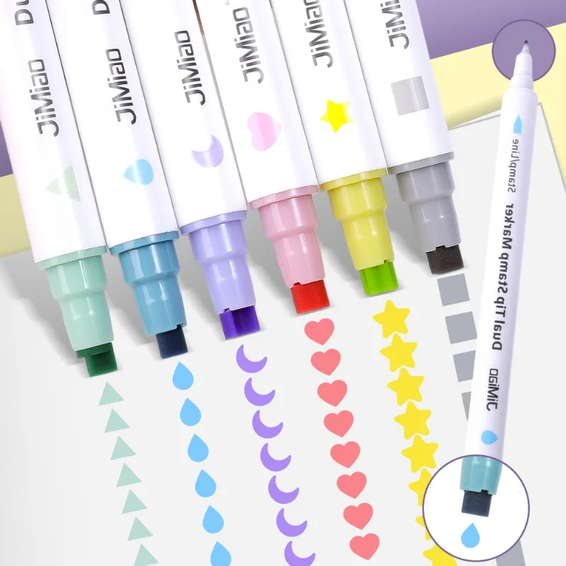 6 Farben doppelköpfiger Textmarker, Stempelstift, Stern, Herz, Mond, Tropfenmarker, quadratische Stifte, für Studenten, Sammelalbum, Tagebuch, Kunst, Zeichenstift