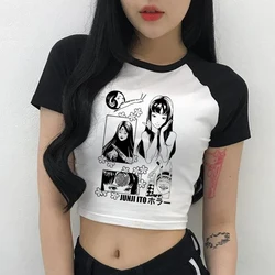 Japan Manga Junji Ito Tomie Aesthetic Print Crop Tops Slim Chic Short Sleeve O-Neck Baby Tees Harajuku Y2K Retro Womens Clothes