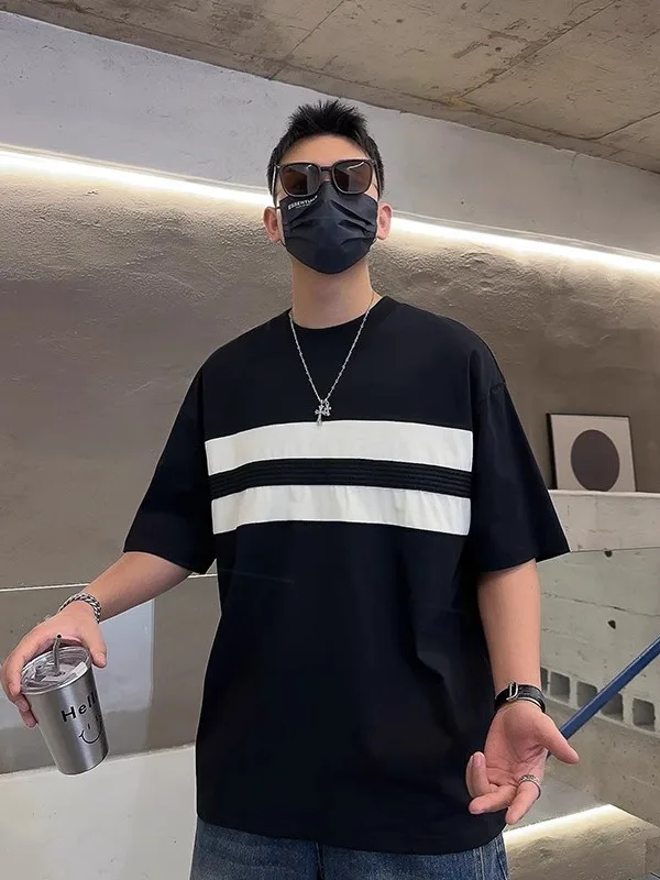 Camiseta de manga corta a rayas de gran tamaño, 300 Pou, con bloques de color, nueva colección de verano, top de algodón para adolescentes.