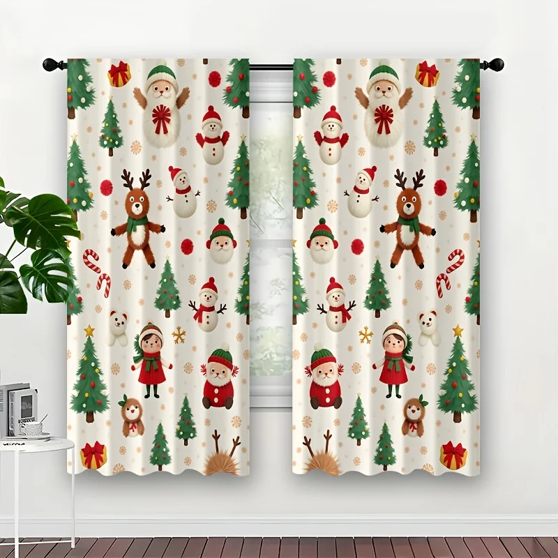 Holiday Christmas Curtain Panels, Cute Santa Snowman Reindeer Pine Tree Gift Festive Print Drapes for Apartment Xmas‑Style Home