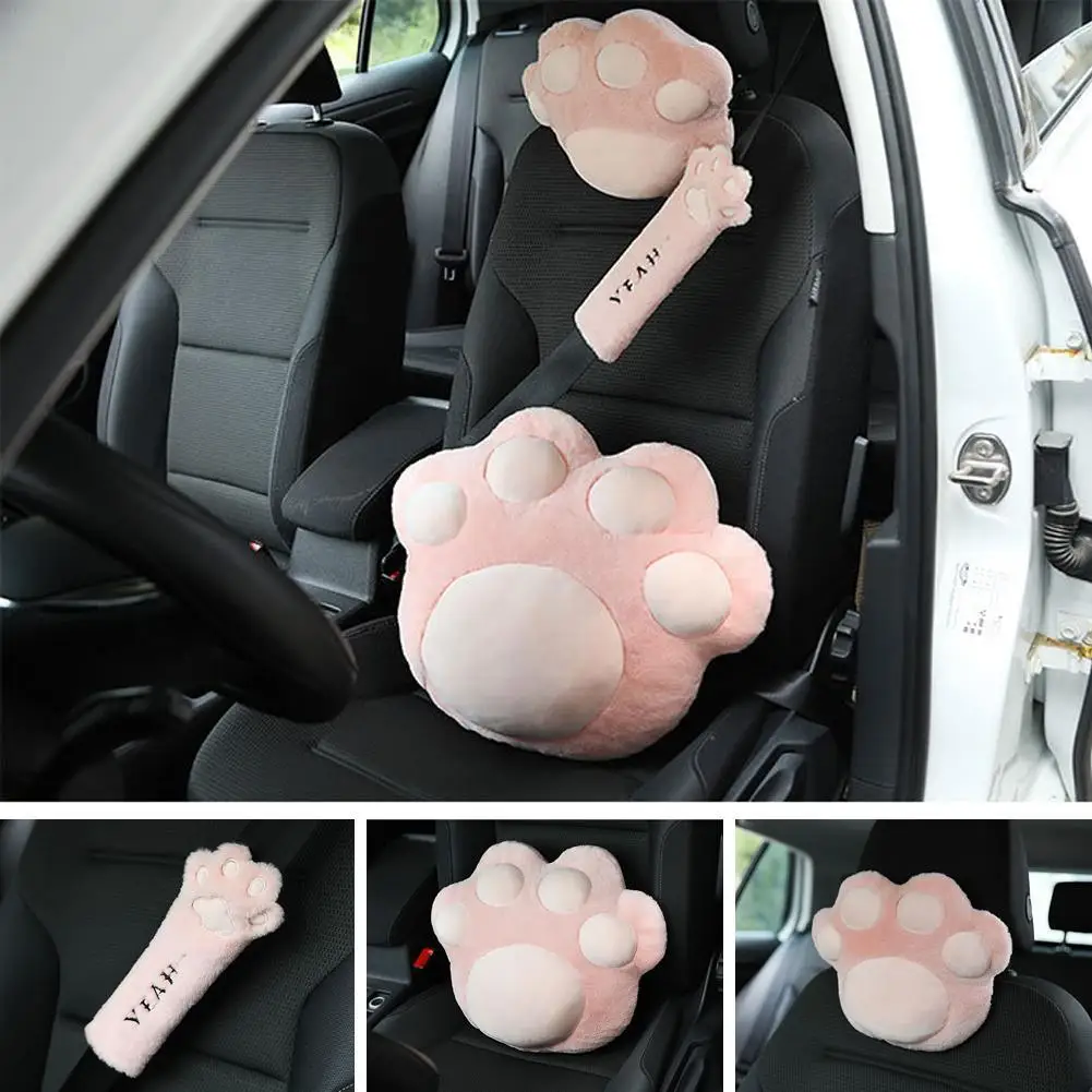 Cute Soft Pink Powder Girl Heart Cat Claws Plush Car Headrest Marshmallow Neck Pillow Cute Cushion Interior Accessories For Kids