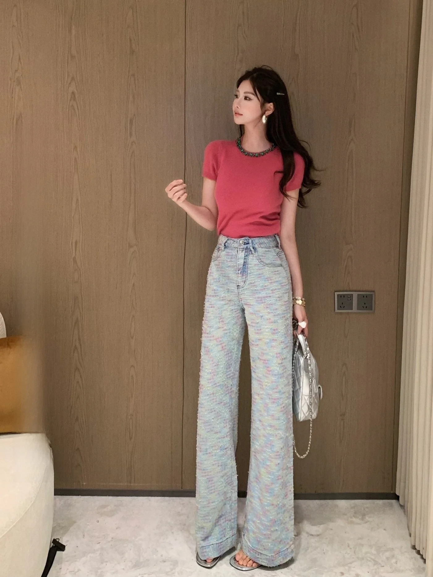 

New Dadada Vintage Faded Light Blue Denim Pants Women's Straight Leg Jeans Rainbow Texture High Waist Cotton Trousers