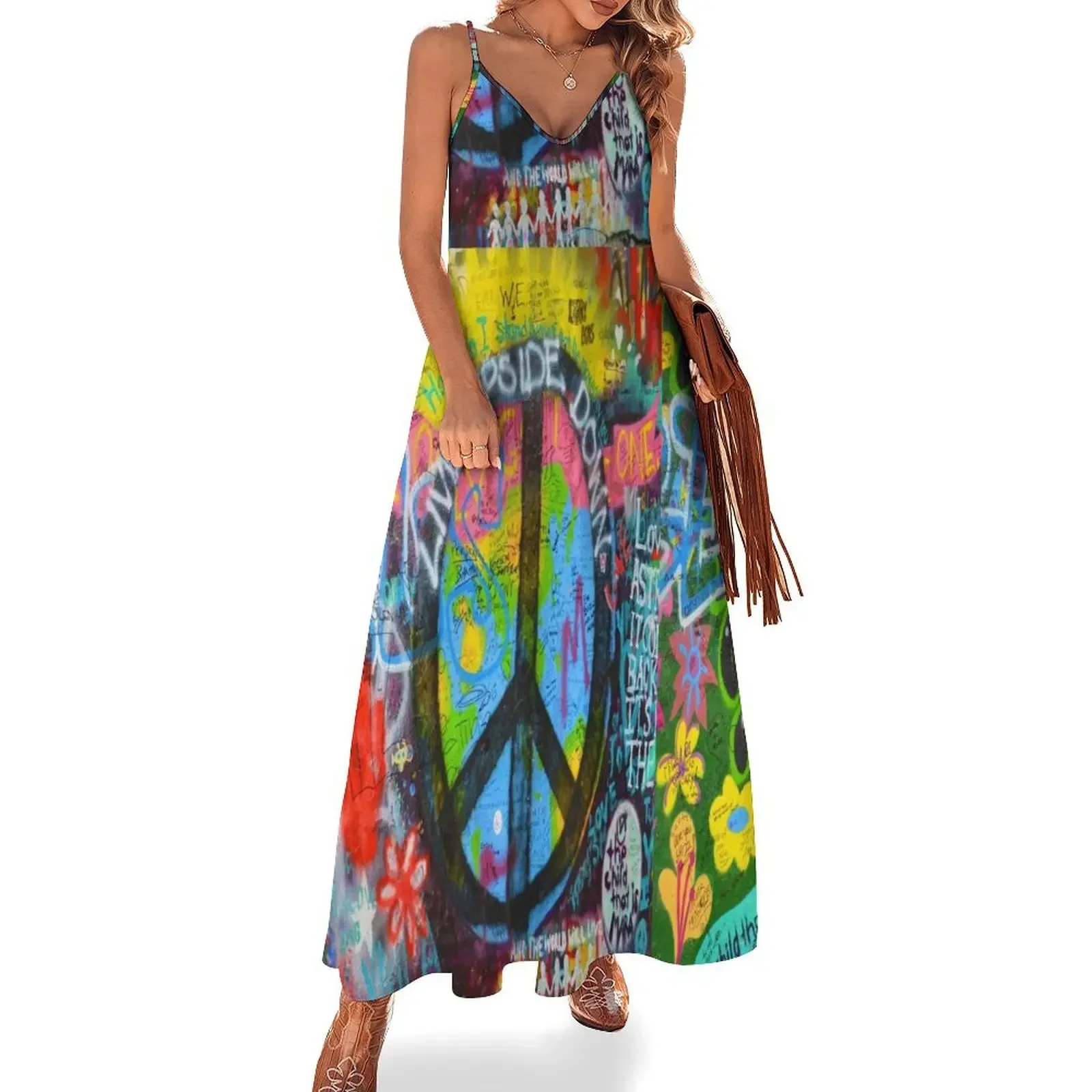 

Graffiti Peace Wall Sleeveless Dress summer dress womens 2024 Women's evening dress elegant guest wedding Evening gown