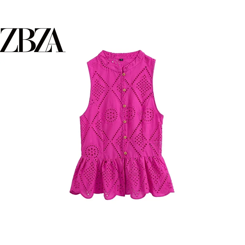 Fashionable Embroidered Hollow out Nine-Quarter Short Skirt Style Top Women's T-shirt Standard Fit Polyester Fabric Sleeveless