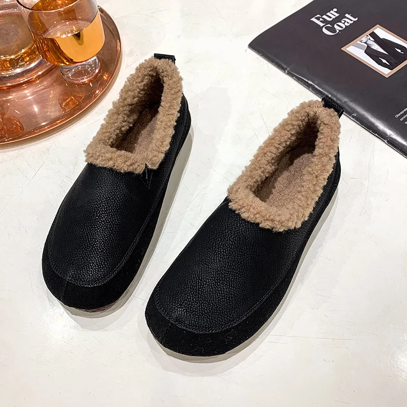 

Women's Winter Fleece-Lined Thermal Snow Boots Fur-Lined Round-Toe Flat-Sole Soft Leather Slip-On Cotton Boots