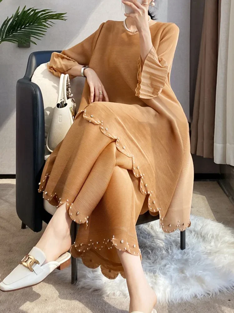 ALSEY Miyake Pleated Beading Solid Color Two Piece Set for Women Spring New Round Collar Top Wide Leg Loose Pants Clothing