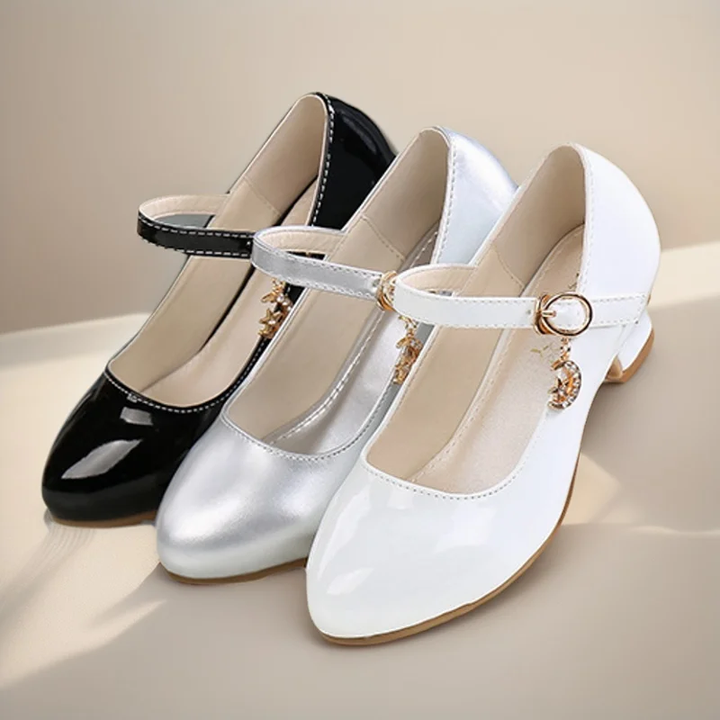 Children Girls Leather Shoes White Princess High Heel Shoes For Kids Girls Performance Dress Student Show Dance Sandals 28-41