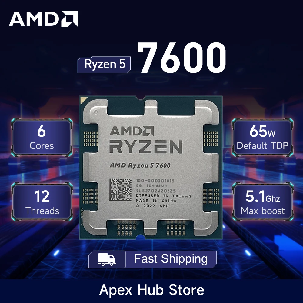 AMD Ryzen 5 7600 3.8GHz 6-Core 12-Thread 5NM L3=32M DDR5 R5 7600 Processor 65W Socket AM5 New Without Fan