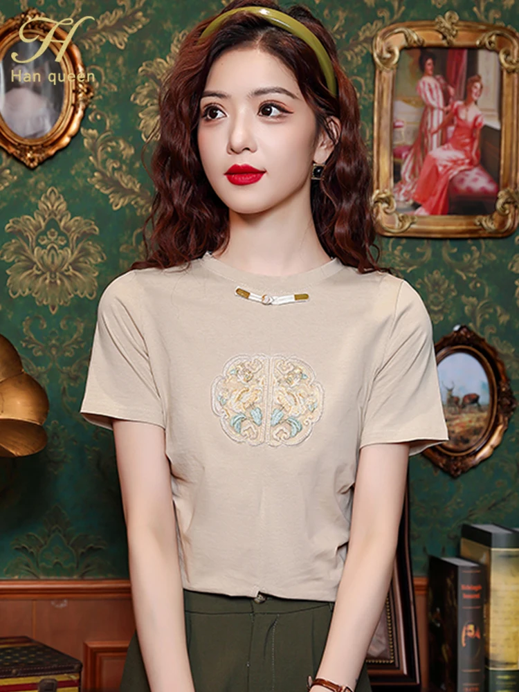 H Han Queen 2024 Summer Clothes Short Sleeve Office Vintage Tops Chic Korean Blouses Women Simple Basics Casual Vintage T-Shirts