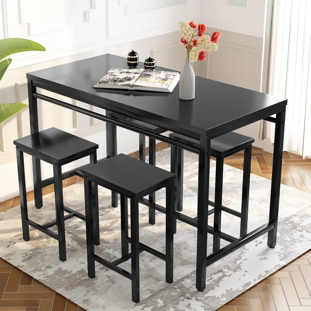 5 Piece Bar Table Set, Modern Counter Height Dining Table and Chairs Set for 4, Wood Kitchen Table and 4 Bar Stools