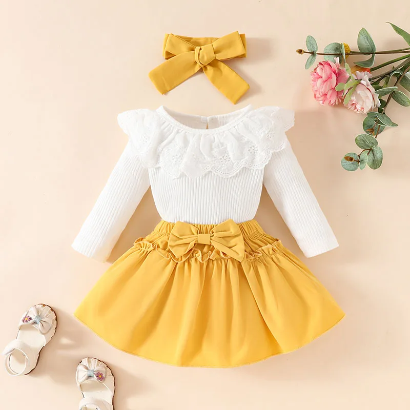 MILANCEL New Autumn Baby Clothes Set Neonate Lace Bodysuit + Bow Short Skirt +Hair Band 0-18M Infant Outwear 3PCS