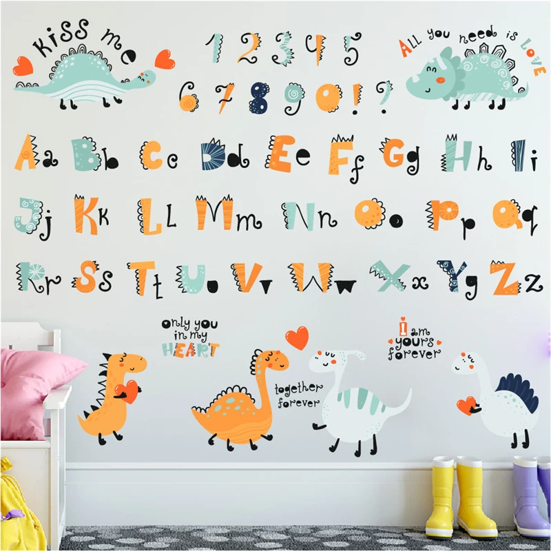 Lovely Dinosaurs Learning Numbers English Wall Stickers For Kids Room Decoration Alphabet Mural Art Home Decal Nursery Poster