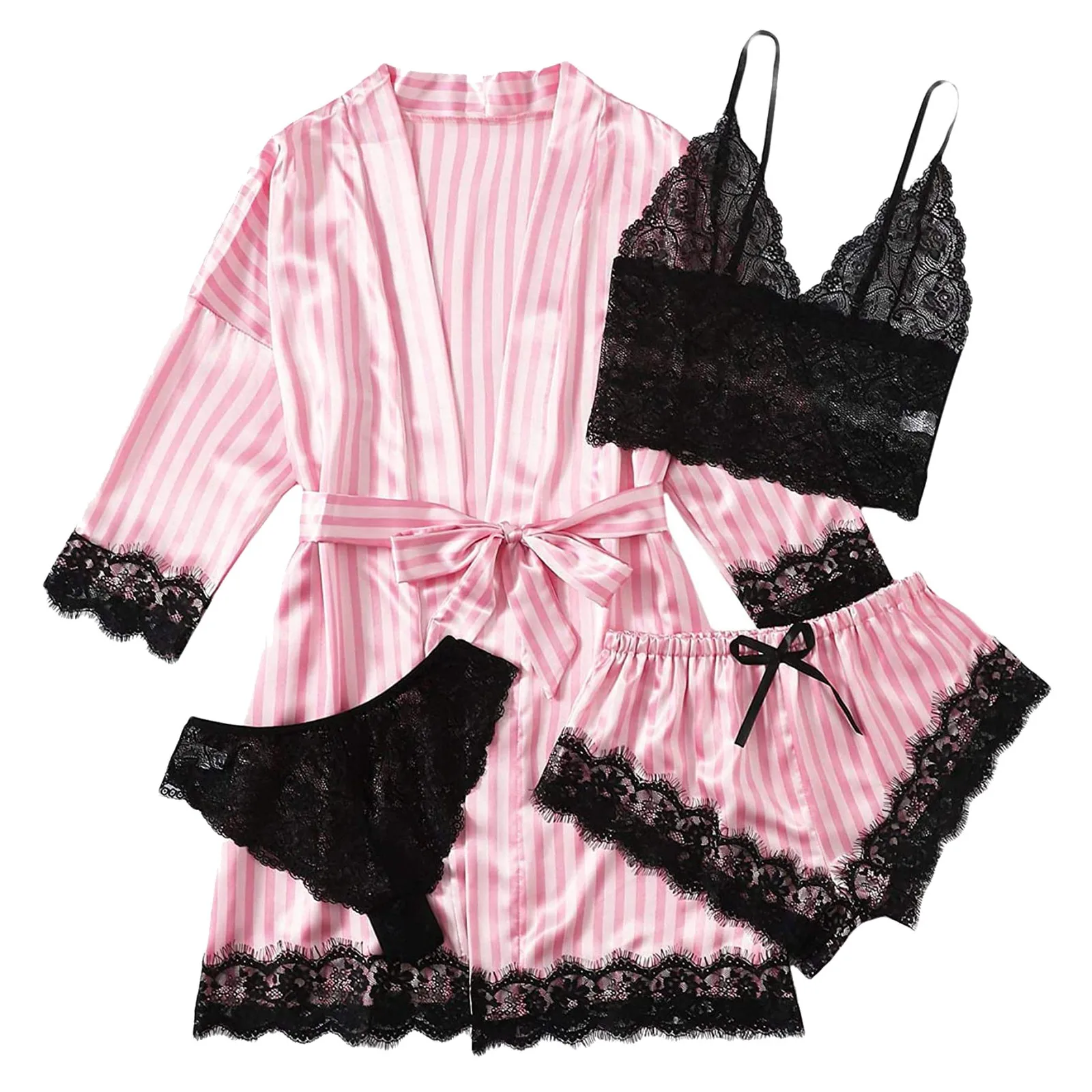 

4-Piece Women Sexy Garter Lingerie Set Robes Lace Bodysuit Deep-V Neck Underwear Roupas Femininas Women'S Pajamas Sleepwear Wome