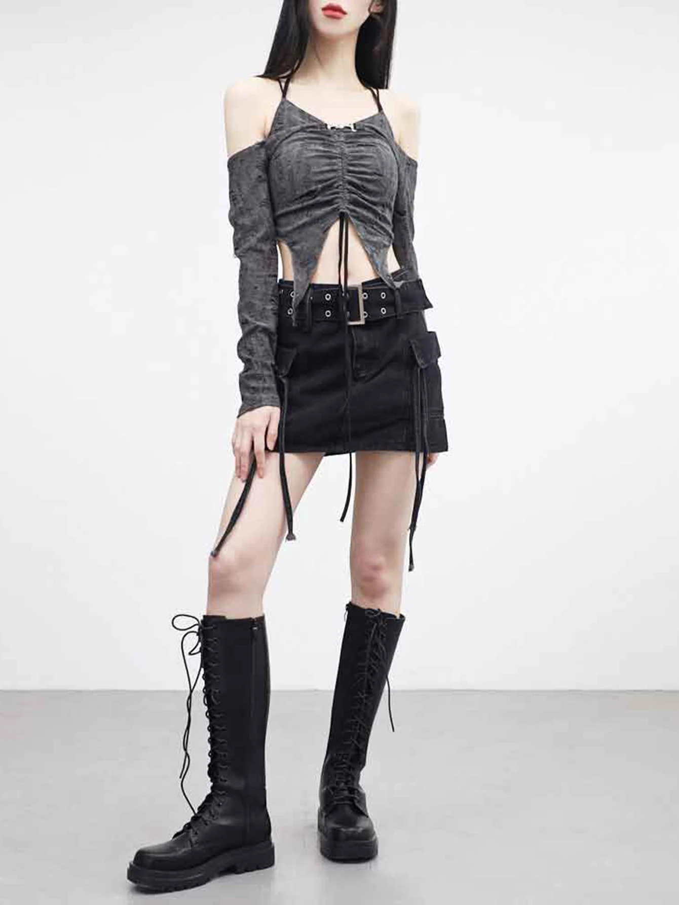 Imagem -05 - Reddachic-cropped Drawstring Halter Top para Mulheres Sling Cardigan Smock Manga Comprida Goth Grunge Emo Streetwear Conjunto de Peças