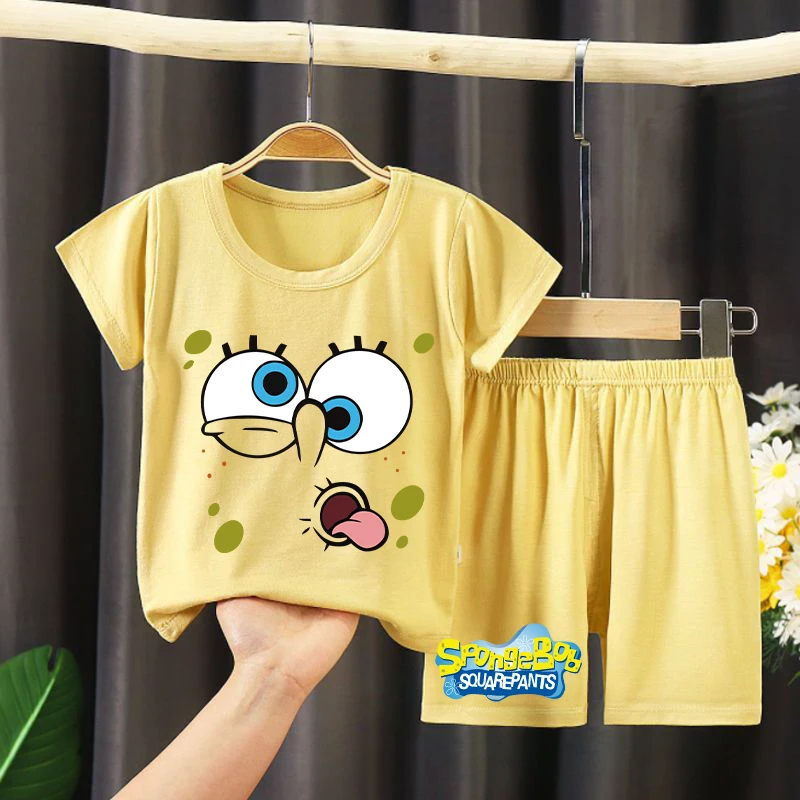 New Spongebob Pajamas for Children Kawaii Cartoon Printed Short Sleeve Sleepwear Kids Casual Loungewear Children\'s Clothing