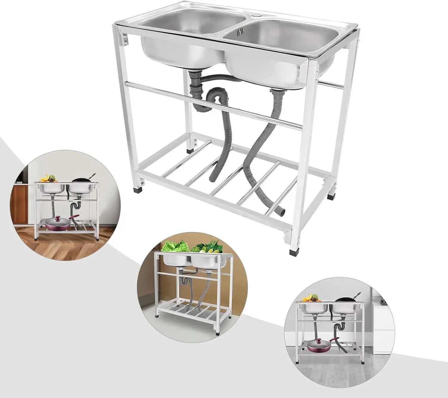 في الهواء الطلق فائدة بالوعة الفولاذ المقاوم للصدأ وعاء مزدوج بالوعة قائما بذاته مطعم تجاري بالوعة المطبخ محطة غسيل حوض اليد #4