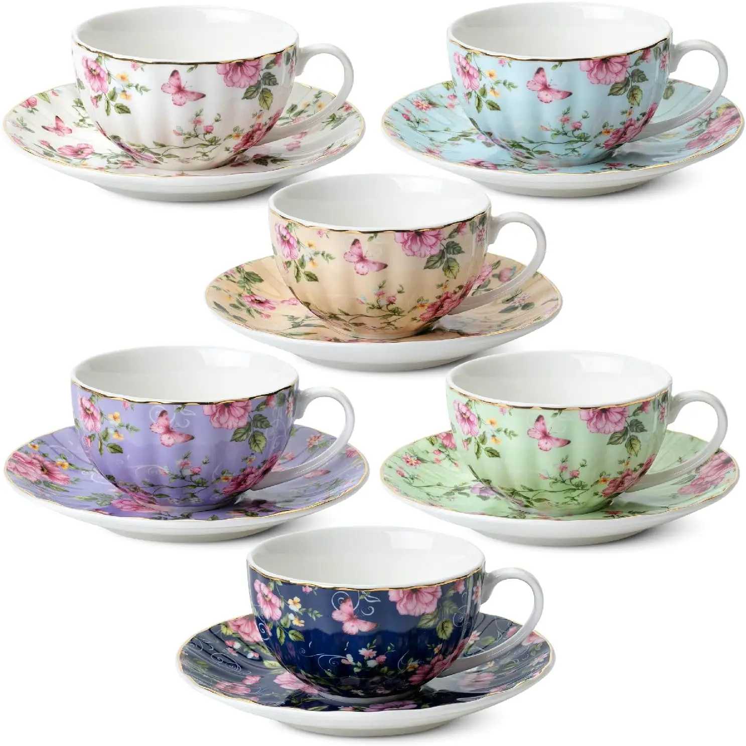 

Floral Tea Cups and Saucers Set of 6, 7 oz Porcelain with Gold Trim, Dishwasher Safe