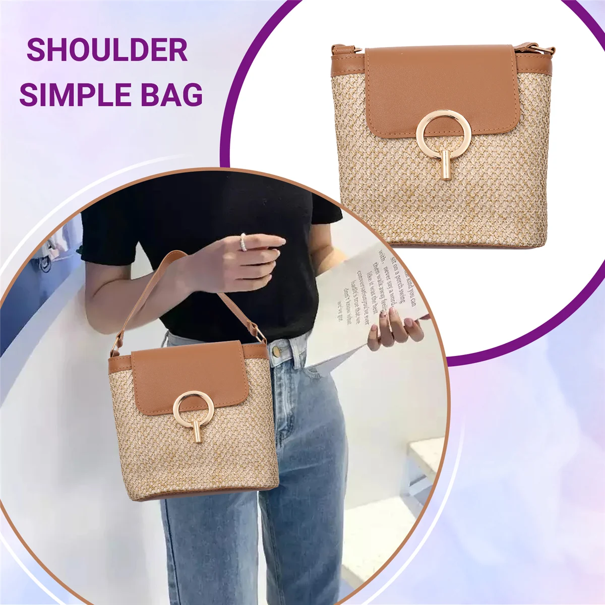 ABQR Borse a secchiello piccole in paglia per donna Borse a tracolla estive Borse da viaggio e borsette da donna Borsa a tracolla semplice da donna Marrone