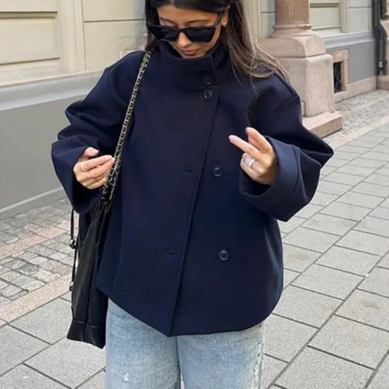 

Новинка осени и зимы 202, женское повседневное однотонное короткое свободное шерстяное пальто с воротником-стойкой на пуговицах, универсальное пальто