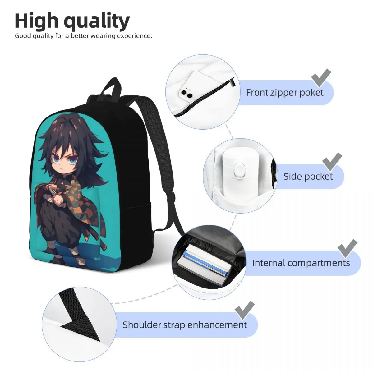 Mochila Giyu Tomioka para hombres y mujeres, mochila informal para escuela secundaria, senderismo, viaje, mochila de Anime Demon Slayer, bolso de hombro para ordenador portátil, deportes