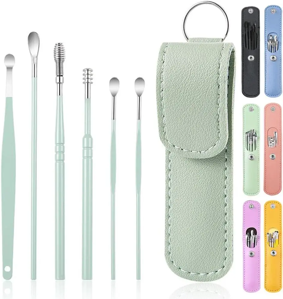 

1set Ear Pick Earwax Removal Kit, Cleansing Tool Set, Curette Cleaner, 360degree Spiral Design Canal Cleaner Stainless Steel, with a Storage Box Portable Kit (Green),