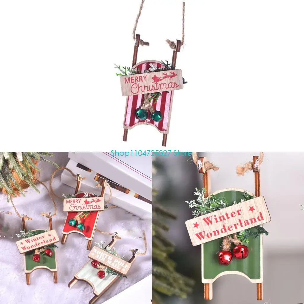 D8KF Festival Wooden Sled Holiday Decoration Handcrafted Seasonal Hanging Ornament Safe