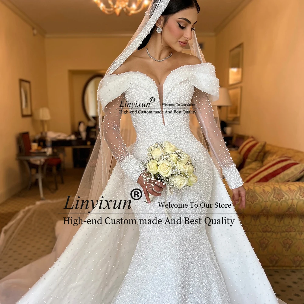 فساتين زفاف أنيقة مطرزة باللؤلؤ للعروس بدون أكتاف حورية البحر مع ذيل قابل للانفصال رداء رومانسي مخصص #3