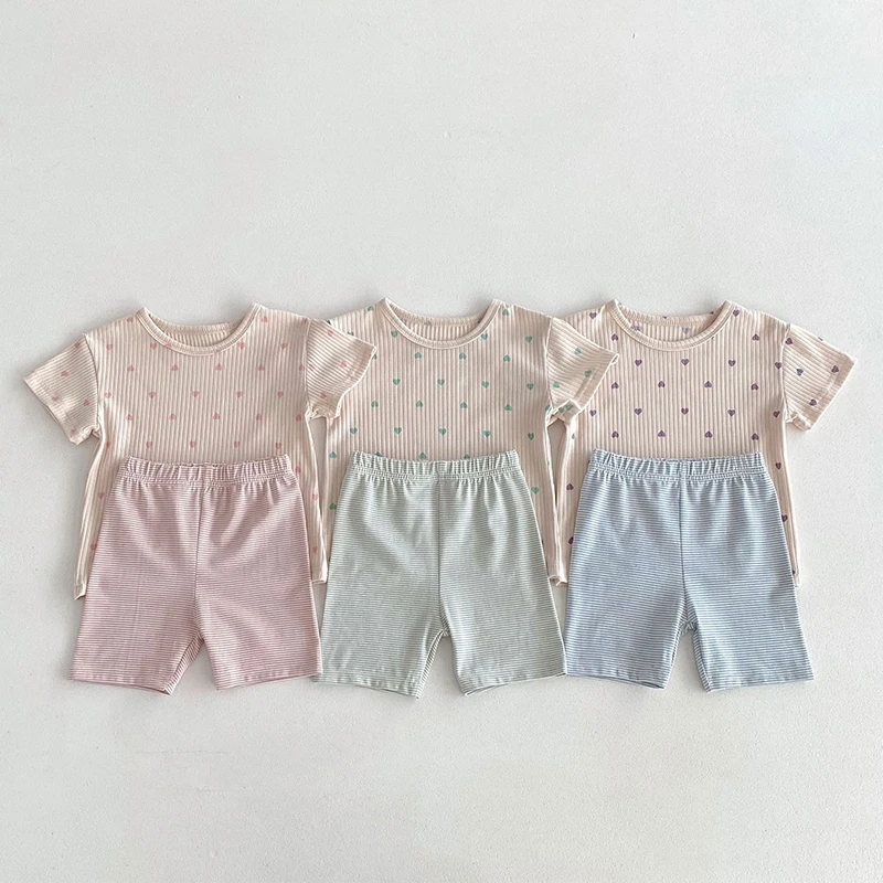 Summer New Korean Edition Home Furnishings for Middle and Small Children T-shirt Striped Shorts  Two-Piece Set Love Printed