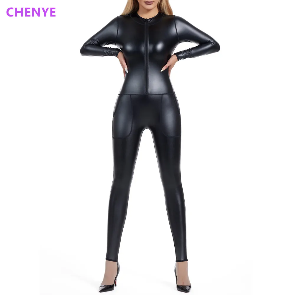 Seamless Women Bodysuit with Pocket Metallic Zip Front Mock Neck Catsuit Costume Shapers Nightclub Dance Shapewear Sexy Jumpsuit