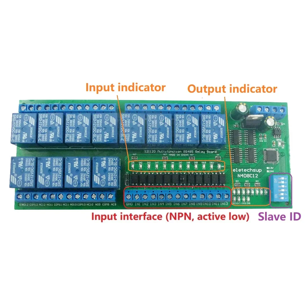 Modbus RTU IO Module 8CH Relay Output 12CH Photoelectric Isolated NPN Input DC12V/24V DIN Rail PLC Expansion