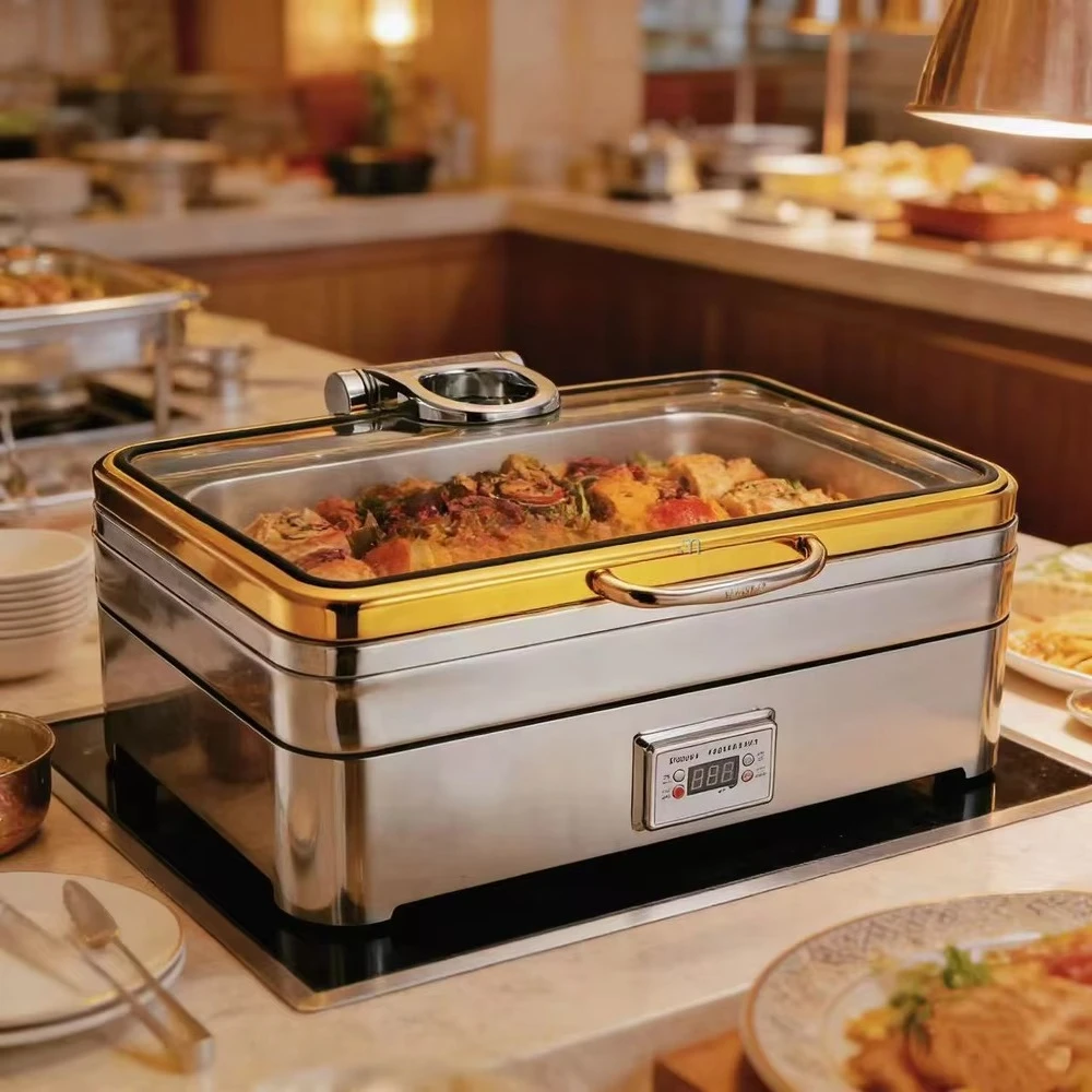 Buffet Equipment 304 Stainless Steel Hydraulic Glass Lid Electric Chafing Dish Buffet Food Warmer