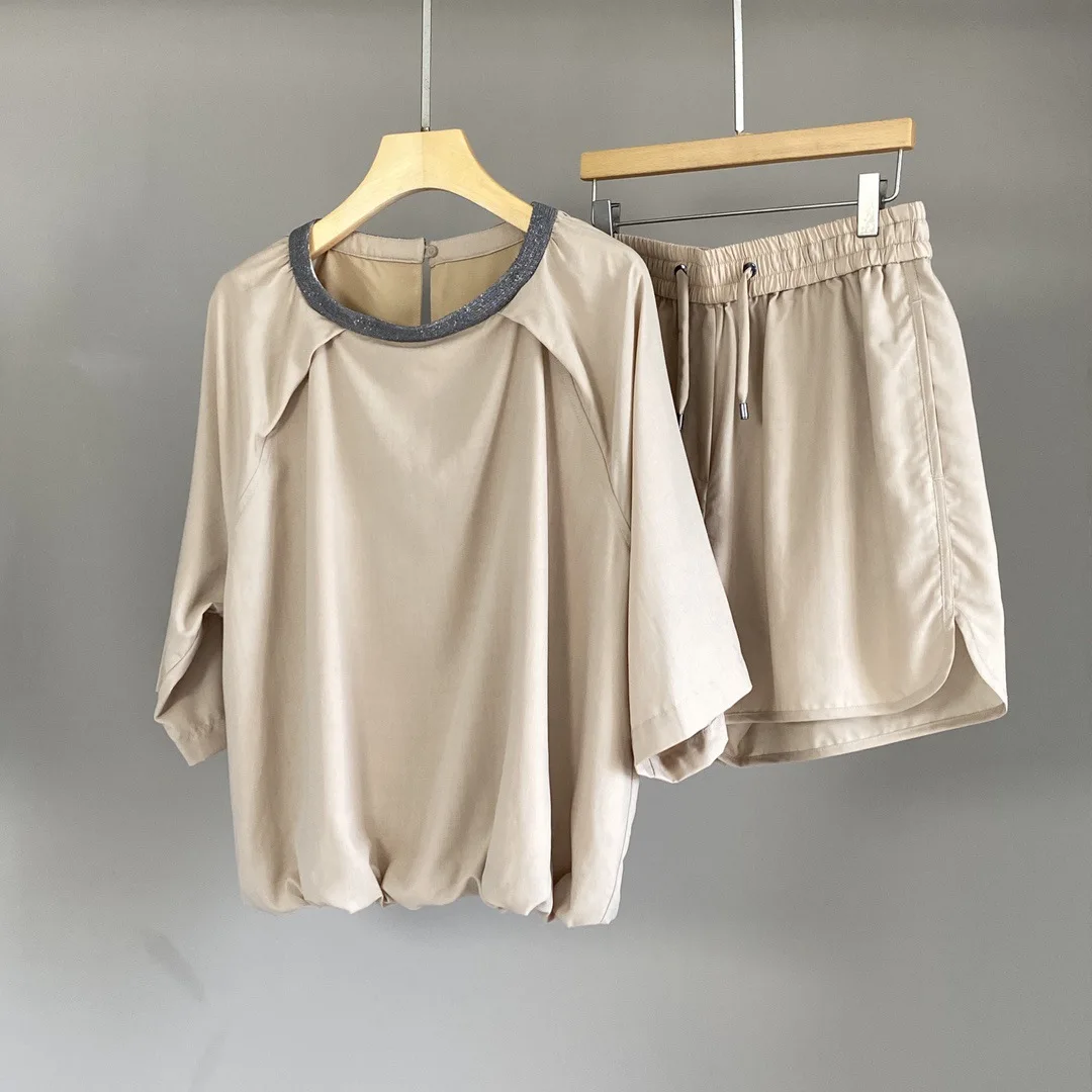 

25 Spring/Summer New Women's Round Neck Beaded Top with Drawstring Shorts Suit Two-piece Set