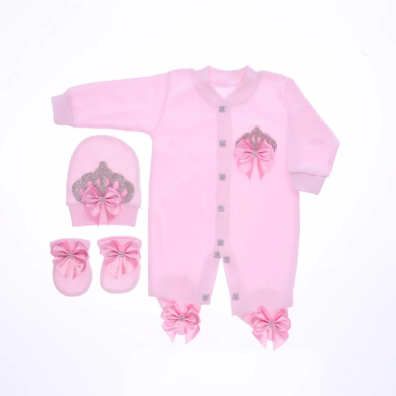 Newborn Pink Princess Footed Jumpsuit 0-9 Months Baby Crown Bow Long Sleeve Romper Boutique Baby Shower Gift