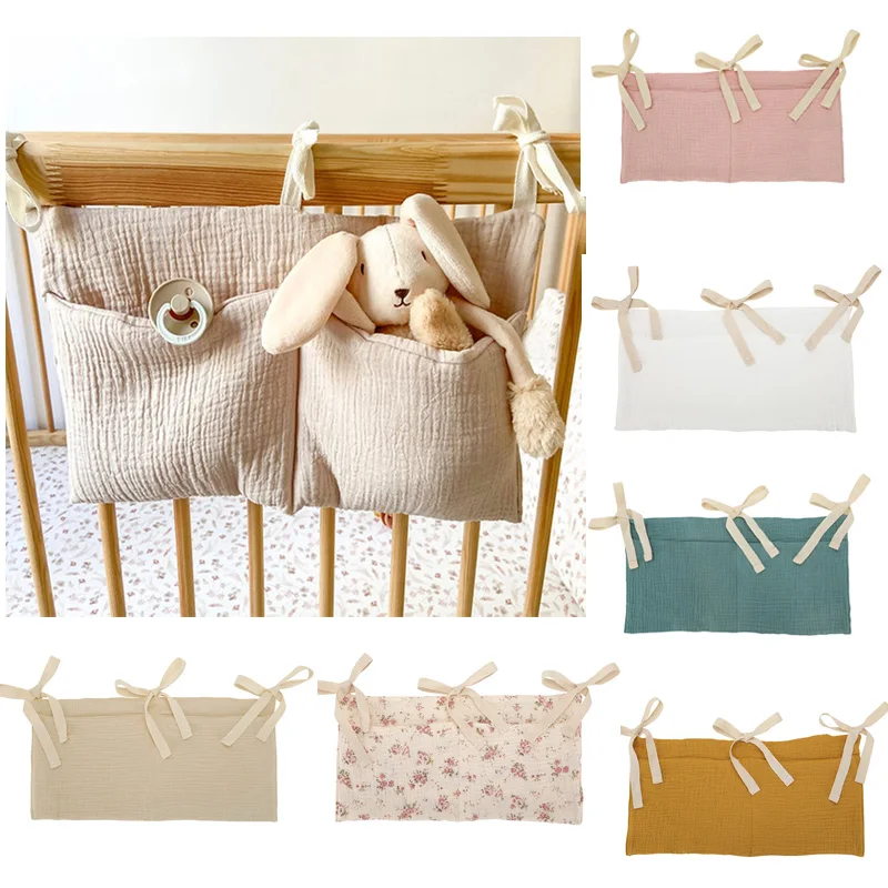 Muslin Organizer Bag for Baby Crib Pacifier Teether Toy Diaper Bed Storage Bag Double Grid Baby Stroller Hanging Bags