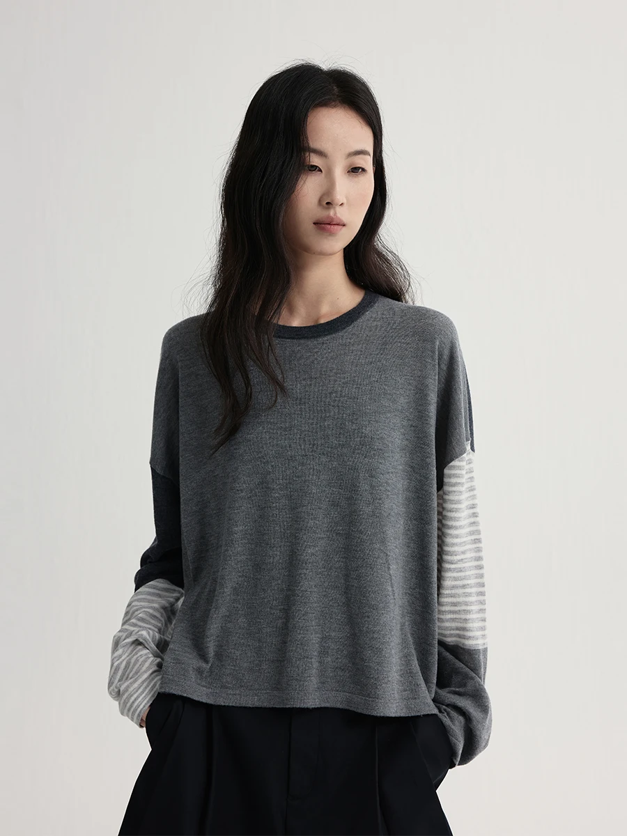 

Женская модная осенняя футболка Caremind с длинным рукавом, свободного кроя, с круглым вырезом, вязаная, с лоскутным дизайном, повседневная