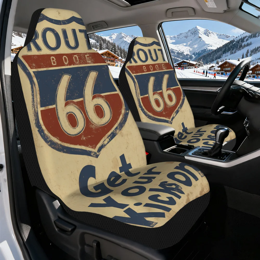 Set Of 2 Universal Car Seat Covers Featuring A Vintage Route 66 Sign Design, Perfect For Both Holiday Road Trips And Everyday Co