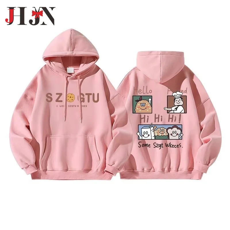 Hot Selling Women Hoodie Cartoon Letter Printing Hooded Pullovers Solid Color Tops Kangaroo Pocket Sweater Y2k Female Clothing