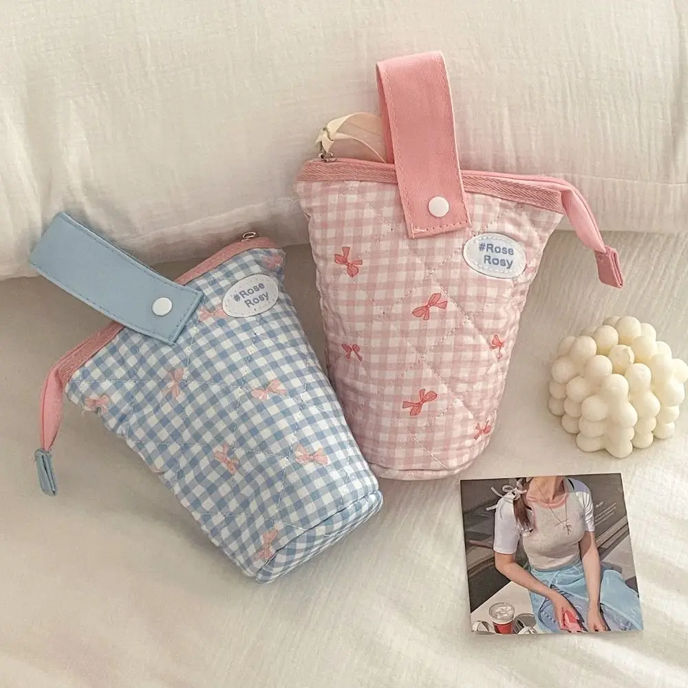 Складной пенал с бантом, большая емкость, сумка для хранения канцелярских принадлежностей на молнии, многофункциональная сумка для маркеров, клетчатая сумка-карандаш