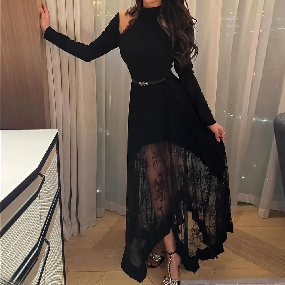 

Customized A-Line Evening Dresses Floor-Length High-Neck Full Sleeve Prom Gown Simple Fashion Sashes Lace Draped Party Gown