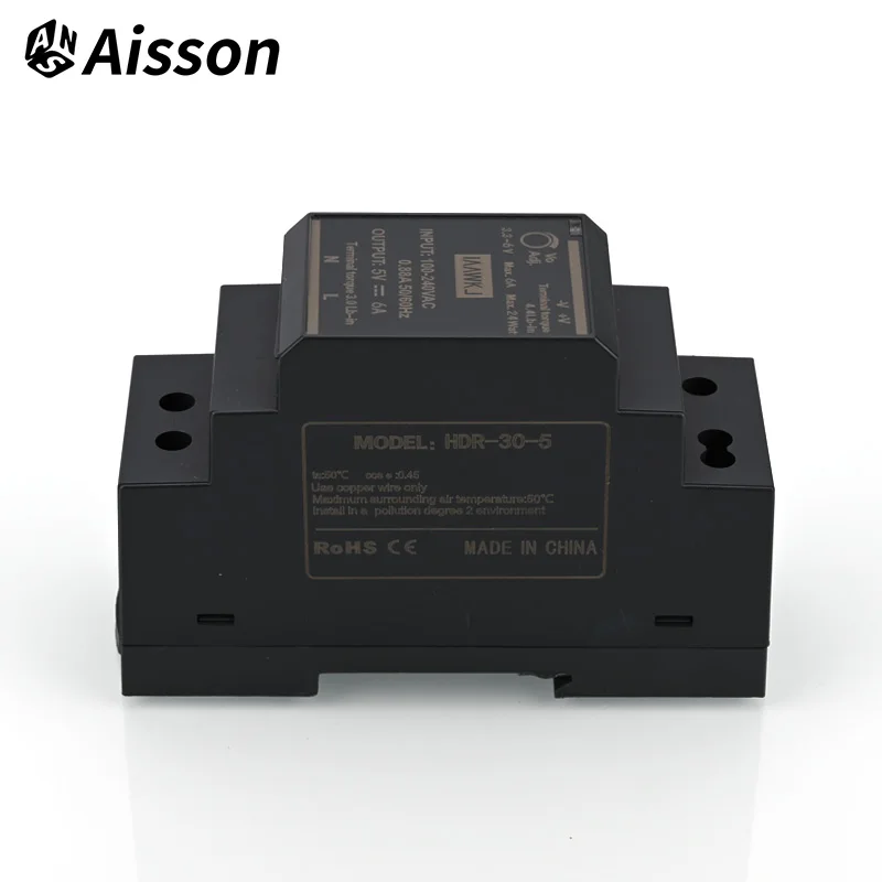 HDR-30 Series 30W Ultrathin Switching Power Supply with DC 5V/12V/24V/48V Outputs 100-240VAC Input DIN Rail Mounting