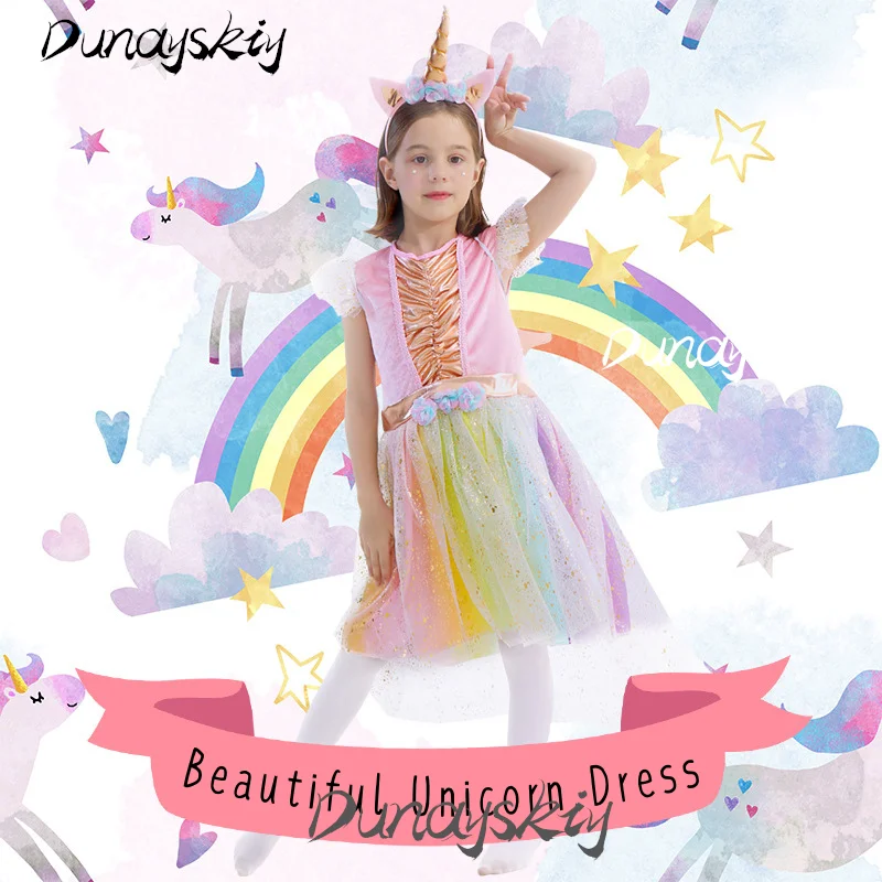 

Princess Unicorn Cosplay Costume Set Dress Horn Headband Sparkly Wing Beautiful Birthday Christmas Gift Costumized Outfit