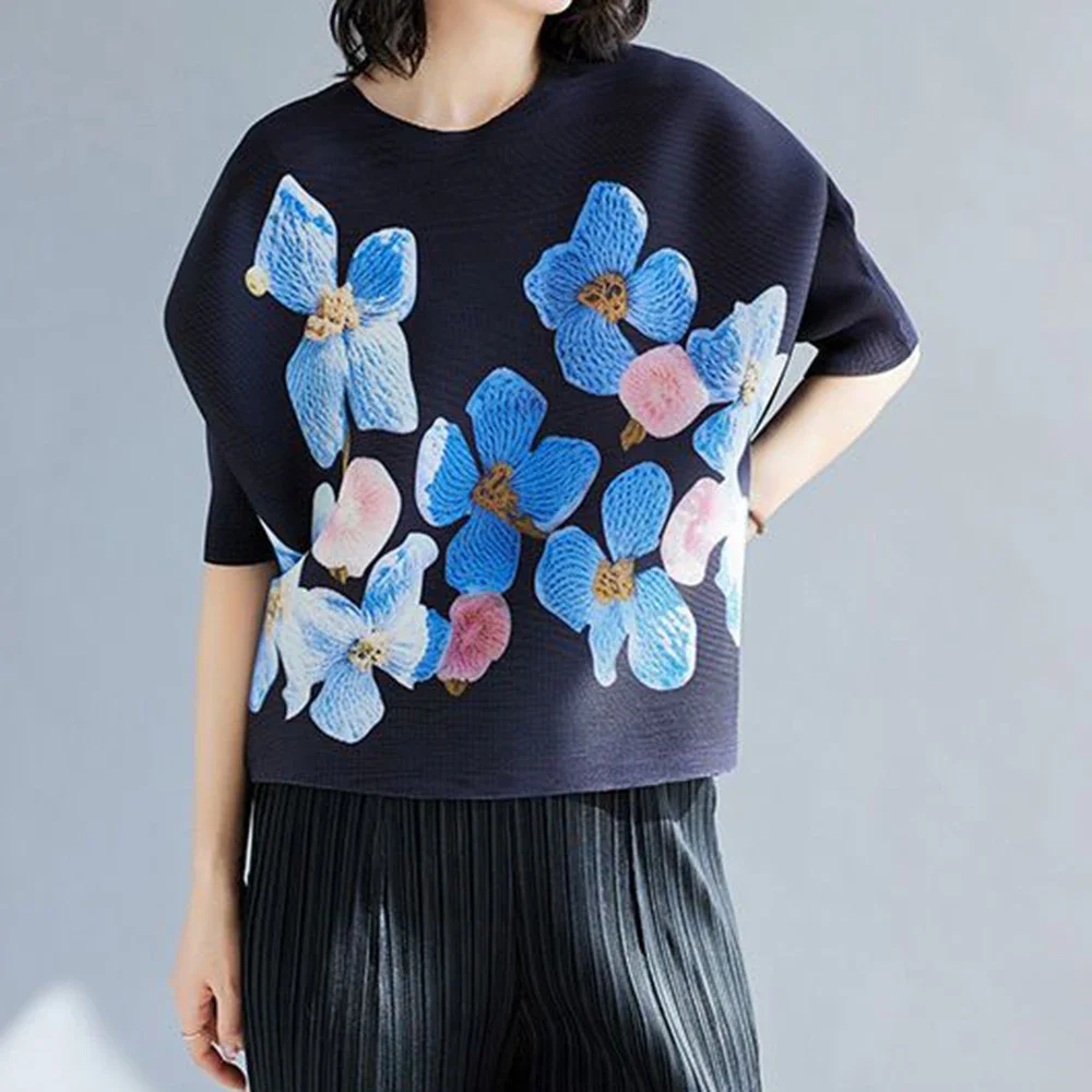 Loose Top Printed with Loose Seven Quarter Sleeves T-shirt, High-end Women's Thin Vintage Korean Women Clothing T Shirts